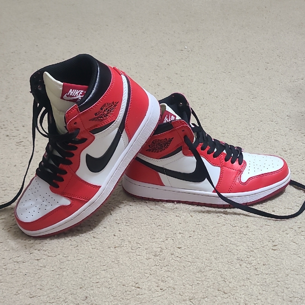 Nike Air Jordan 1's Classic Red and White Sneakers with Black Accents - Size 7